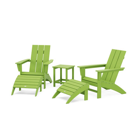 Modern Adirondack Chair 5-Piece Set with Ottomans and 18" Side Table in Lime