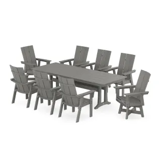 POLYWOOD Modern Curveback Adirondack Swivel 9-Piece Farmhouse Dining Set with Trestle Legs