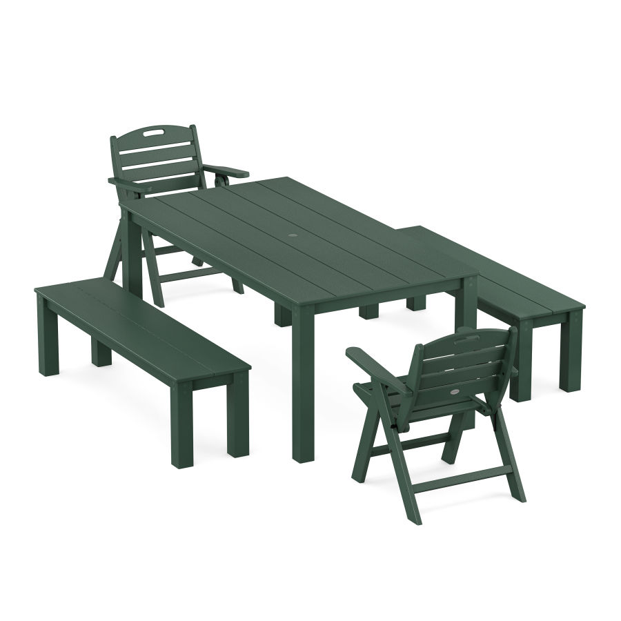 POLYWOOD Nautical Folding Lowback Chair 5-Piece Parsons Dining Set with Benches in Green