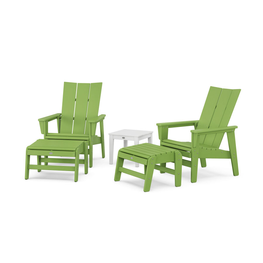 POLYWOOD 5-Piece Modern Grand Upright Adirondack Set with Ottomans and Side Table in Lime / White