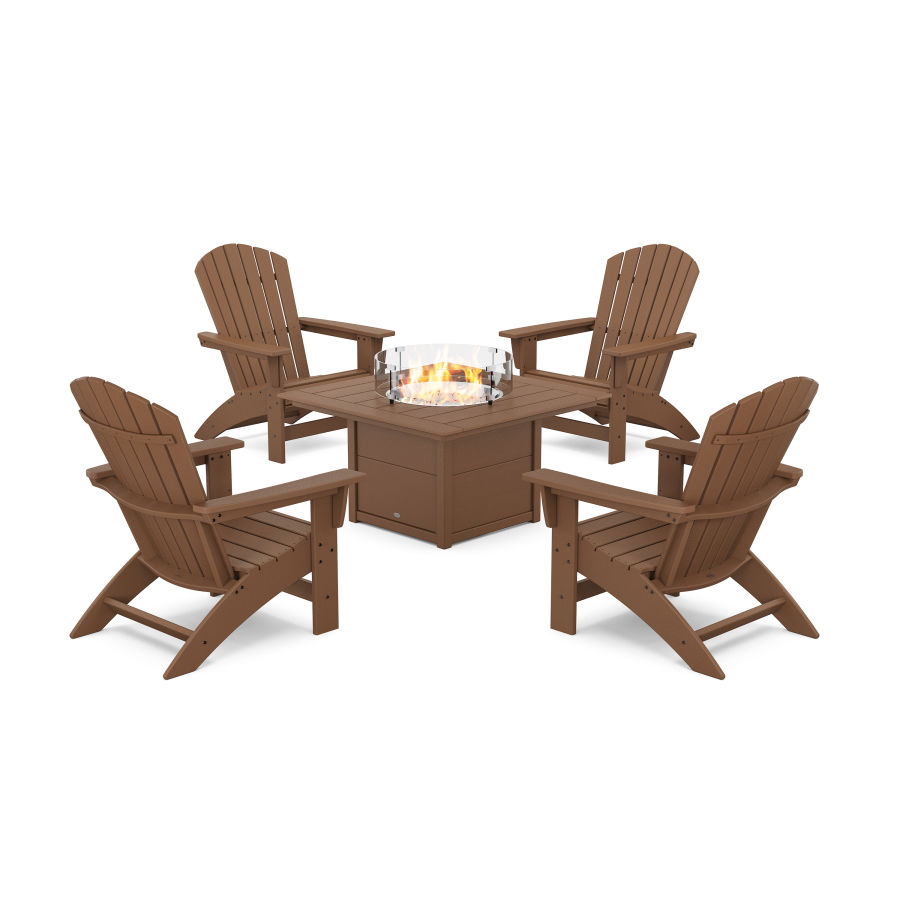 POLYWOOD 5-Piece Nautical Grand Adirondack Conversation Set with Fire Pit Table in Teak