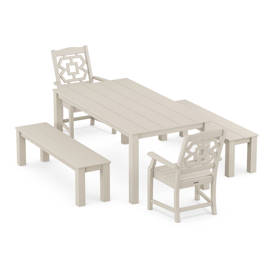 POLYWOOD Chinoiserie 5-Piece Parsons Dining Set with Benches in Sand