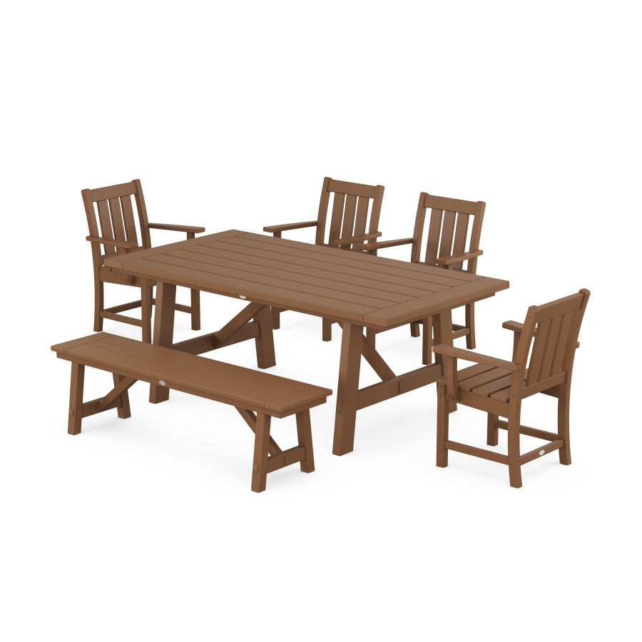 POLYWOOD Oxford 6-Piece Rustic Farmhouse Dining Set with Bench in Teak
