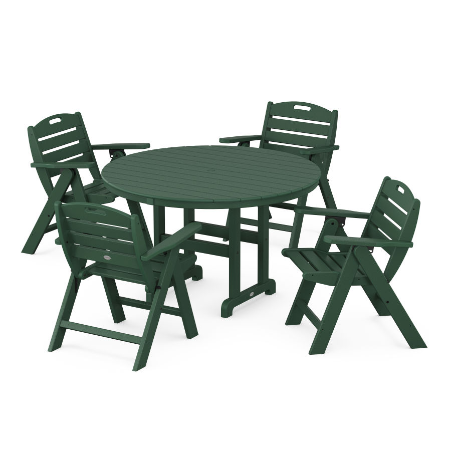 POLYWOOD Nautical Folding Lowback Chair 5-Piece Round Farmhouse Dining Set in Green