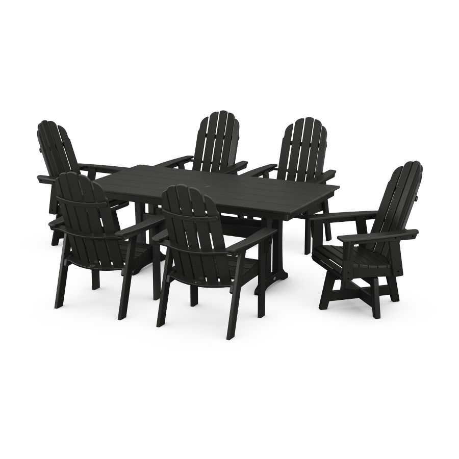 POLYWOOD Vineyard Curveback Adirondack Swivel Chair 7-Piece Farmhouse Dining Set with Trestle Legs in Black