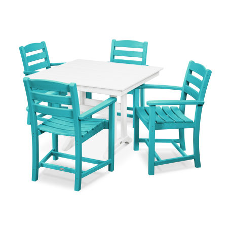 La Casa Café 5-Piece Farmhouse Trestle Arm Chair Dining Set in Aruba / White