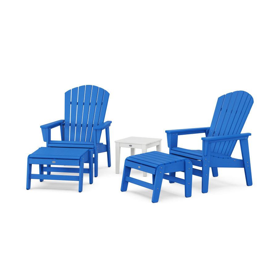 POLYWOOD 5-Piece Nautical Grand Upright Adirondack Set with Ottomans and Side Table in Pacific Blue / White