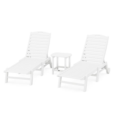 Nautical 3-Piece Chaise Lounge with Wheels Set with South Beach 18" Side Table in White