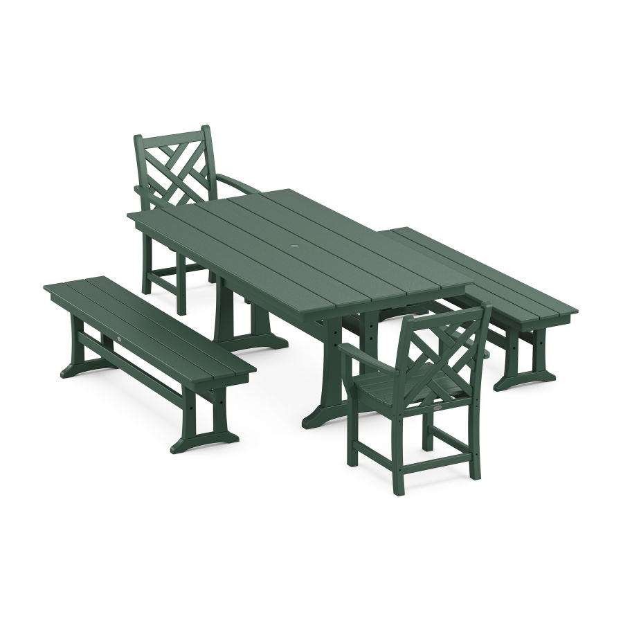POLYWOOD Chippendale 5-Piece Farmhouse Dining Set With Trestle Legs in Green