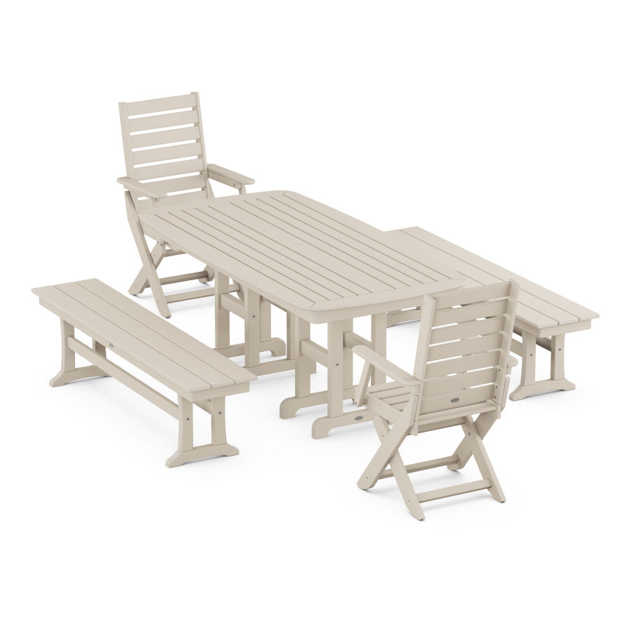 POLYWOOD Captain Folding Chair 5-Piece Dining Set with Benches in Sand