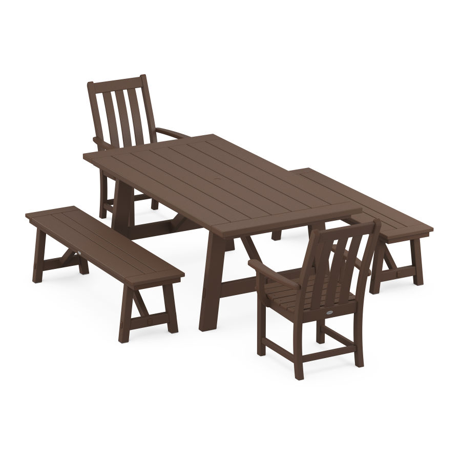 POLYWOOD Vineyard 5-Piece Rustic Farmhouse Dining Set With Trestle Legs in Mahogany