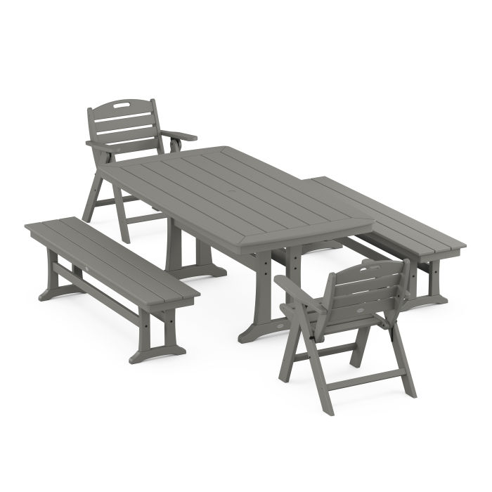 POLYWOOD Nautical Folding Lowback Chair 5-Piece Dining Set with Trestle Legs and Benches