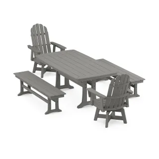 POLYWOOD Vineyard Adirondack Swivel Chair 5-Piece Dining Set with Trestle Legs and Benches