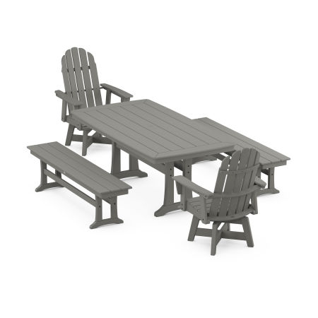 POLYWOOD Vineyard Adirondack Swivel Chair 5-Piece Dining Set with Trestle Legs and Benches