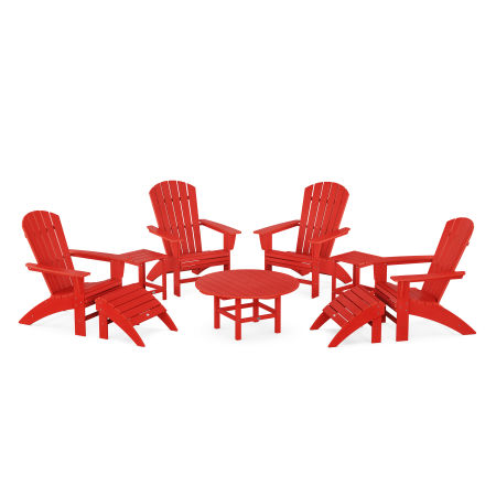 Nautical Curveback Adirondack Chair 9-Piece Conversation Set in Sunset Red