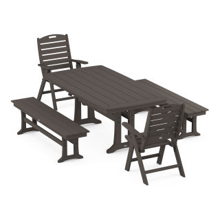 Nautical Highback Chair 5-Piece Dining Set with Trestle Legs and Benches in Vintage Finish