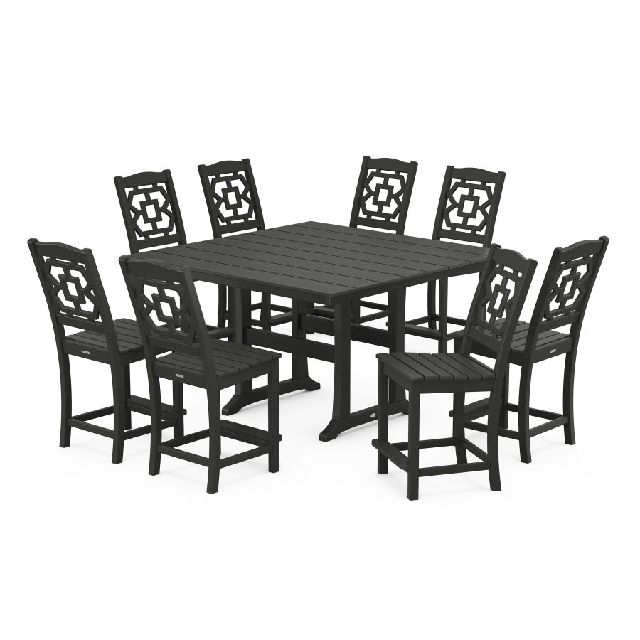 POLYWOOD Chinoiserie 9-Piece Square Farmhouse Side Chair Counter Set with Trestle Legs in Black