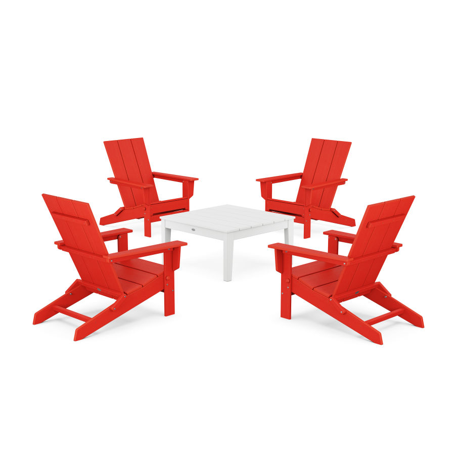 POLYWOOD 5-Piece Modern Studio Folding Adirondack Chair Conversation Group in Sunset Red