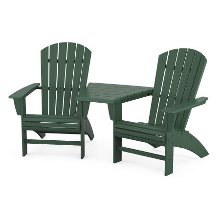 Nautical 3-Piece Curveback Adirondack Set with Angled Connecting Table in Green