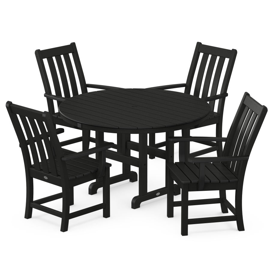 POLYWOOD Vineyard 5-Piece Round Farmhouse Arm Chair Dining Set in Black
