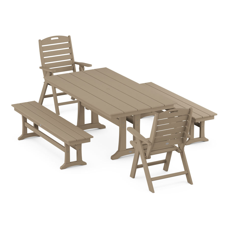 POLYWOOD Nautical Folding Highback Chair 5-Piece Farmhouse Dining Set With Trestle Legs and Benches in Vintage Sahara