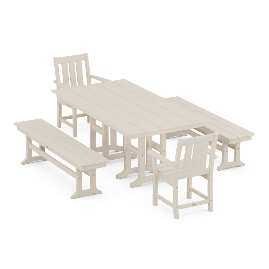POLYWOOD Oxford 5-Piece Farmhouse Dining Set with Benches in Sand