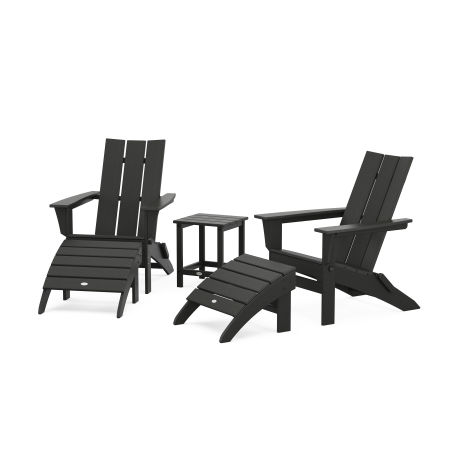 Modern Folding Adirondack Chair 5-Piece Set with Ottomans and 18" Side Table in Black
