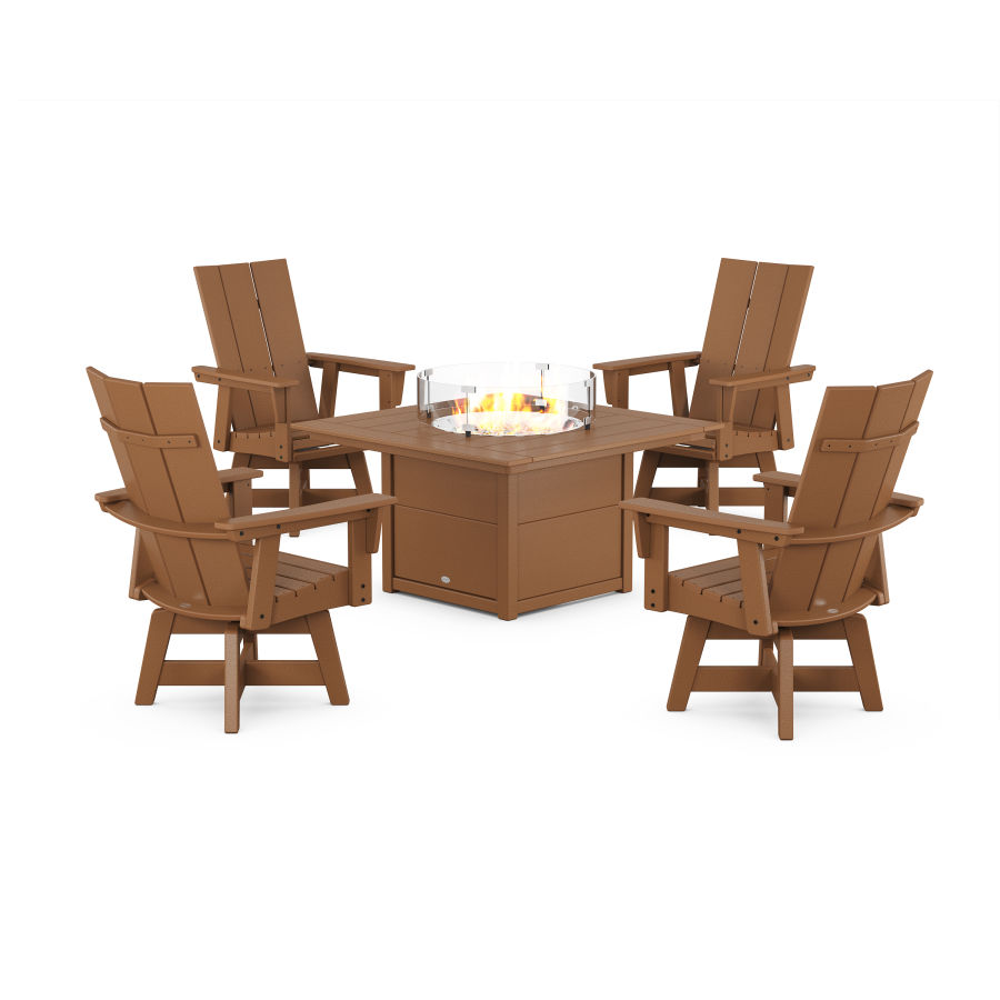 POLYWOOD Modern 4-Piece Curveback Upright Adirondack Conversation Set with Fire Pit Table in Teak