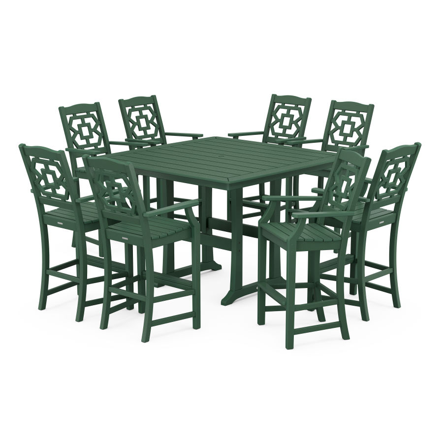 POLYWOOD Chinoiserie 9-Piece Square Bar Set with Trestle Legs in Green
