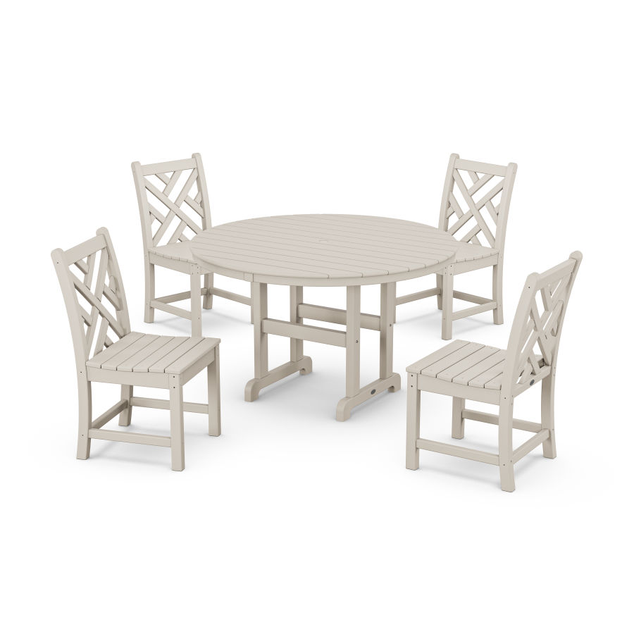 POLYWOOD Chippendale 5-Piece Round Farmhouse Side Chair Dining Set in Sand
