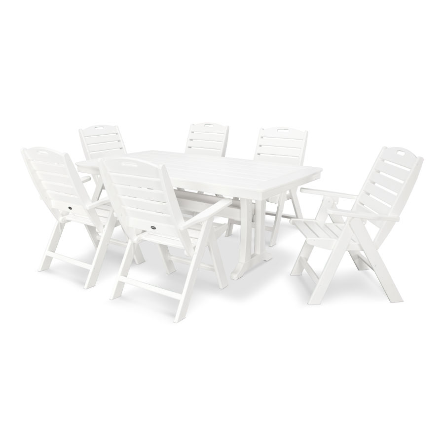 POLYWOOD Nautical Folding Highback Chair 7-Piece Dining Set with Trestle Legs in White