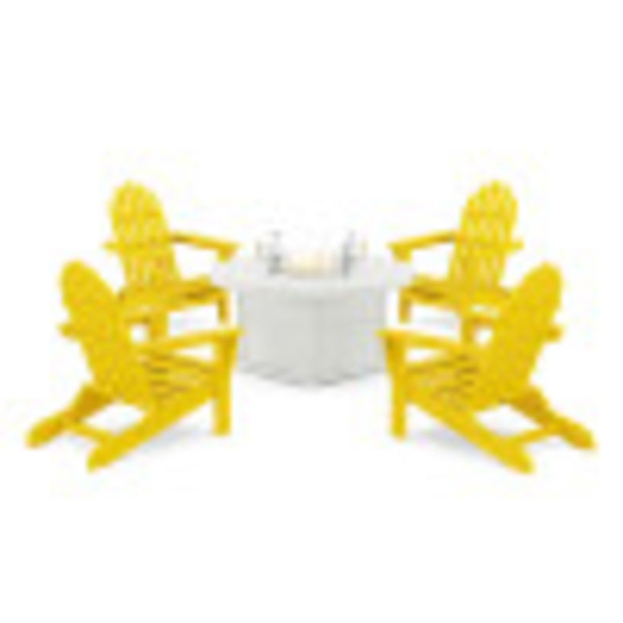 POLYWOOD Classic Folding Adirondack 6-Piece Conversation Set with Fire Pit Table in Lemon / White