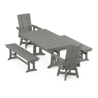 POLYWOOD Modern Curveback Adirondack Swivel Chair 5-Piece Farmhouse Dining Set With Trestle Legs and Benches