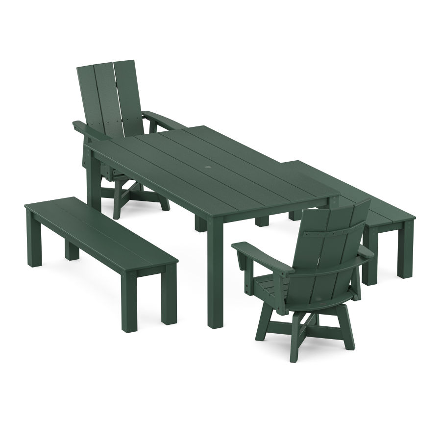 POLYWOOD Modern Curveback Adirondack 5-Piece Parsons Swivel Dining Set with Benches in Green