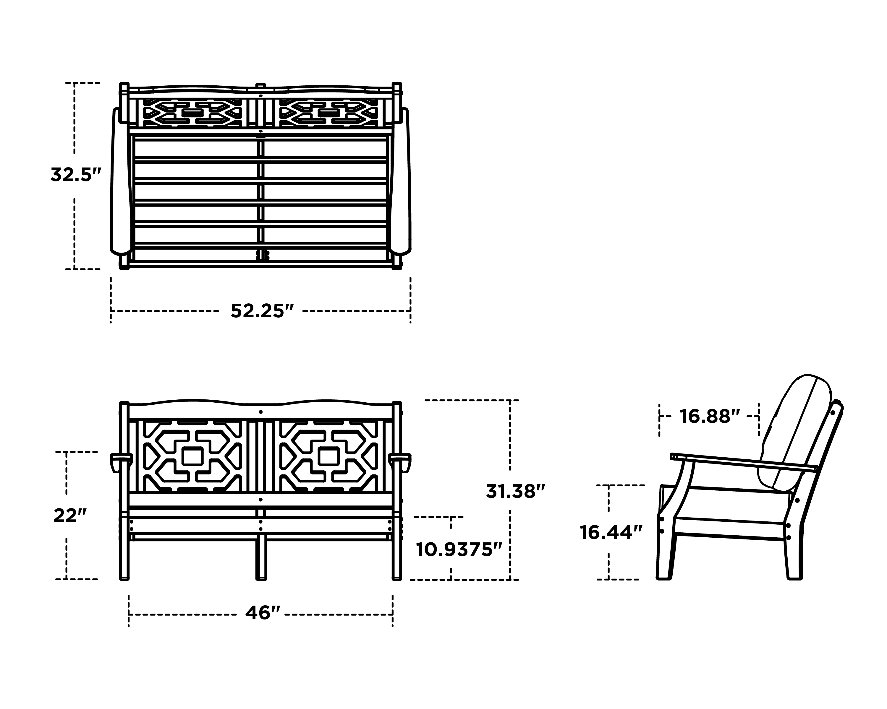 Dimensions for Chinoiserie Deep Seating Loveseat