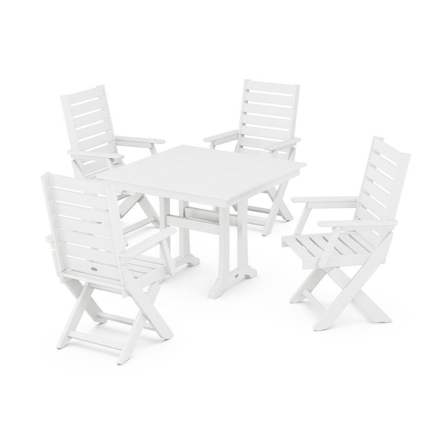 POLYWOOD Captain Folding Chair 5-Piece Farmhouse Dining Set With Trestle Legs in White
