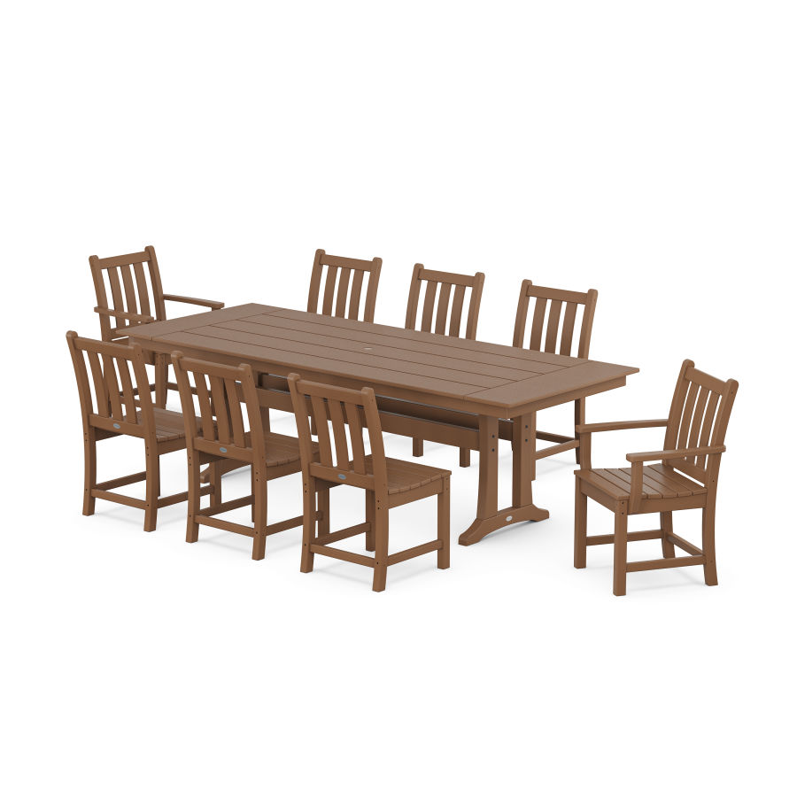 POLYWOOD Traditional Garden 9-Piece Farmhouse Dining Set with Trestle Legs in Teak