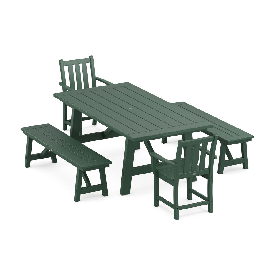 POLYWOOD Traditional Garden 5-Piece Rustic Farmhouse Dining Set With Trestle Legs in Green