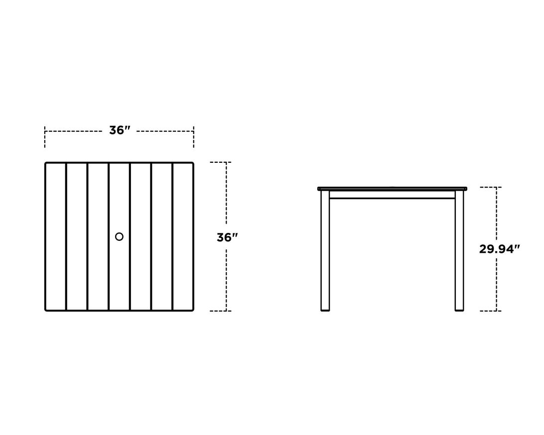 Dimensions for Main Street 36" x 36" Dining Table
