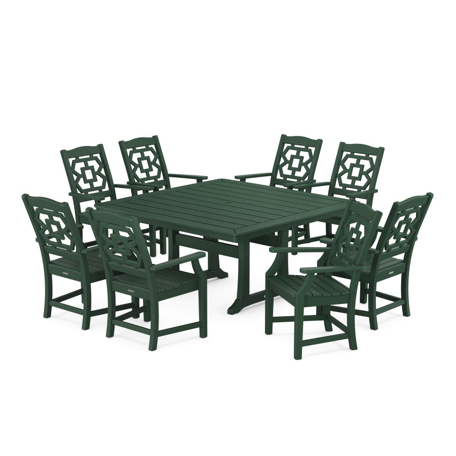 POLYWOOD Chinoiserie 9-Piece Square Dining Set with Trestle Legs in Green