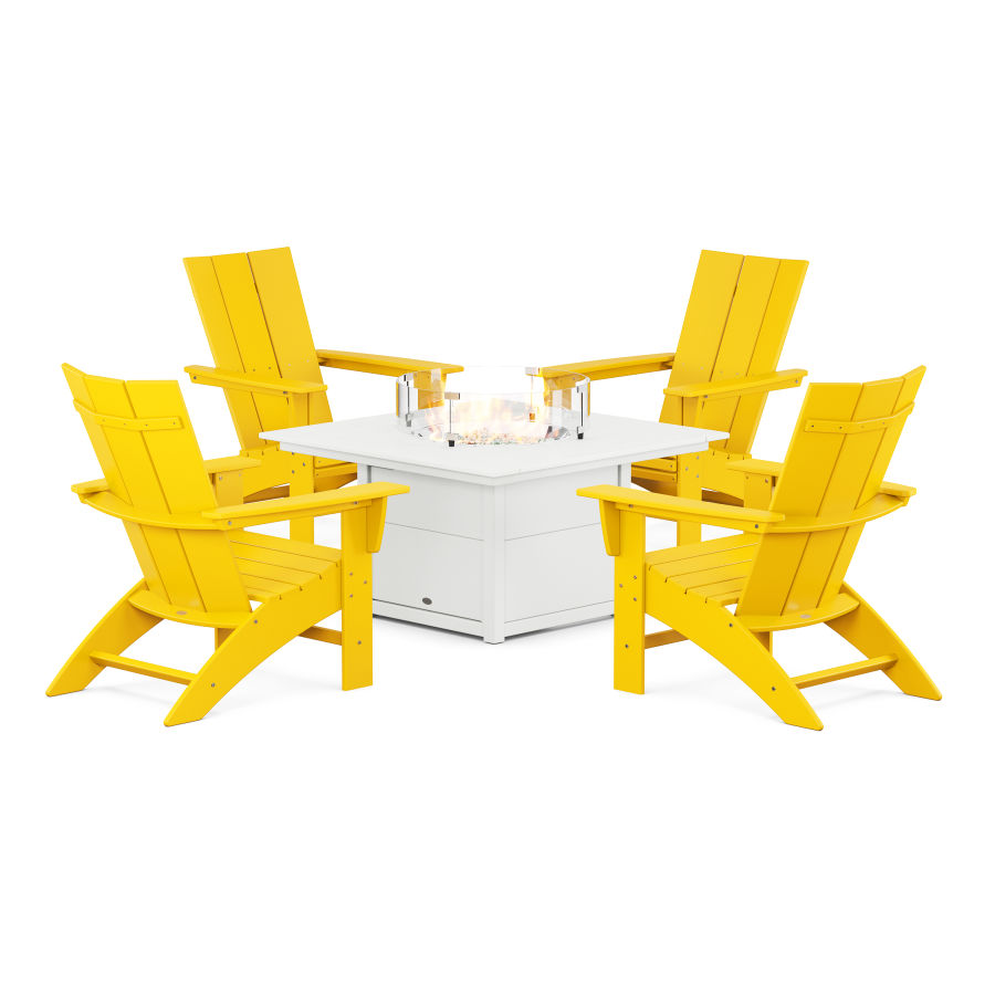 POLYWOOD Modern Curveback Adirondack 5-Piece Conversation Set with Fire Pit Table in Lemon / White