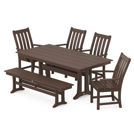 Vineyard 6-Piece Farmhouse Trestle Arm Chair Dining Set with Bench in Mahogany