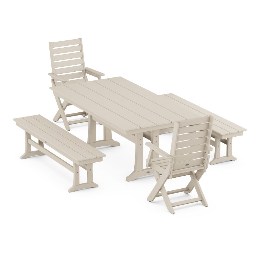 POLYWOOD Captain Folding Chair 5-Piece Farmhouse Dining Set With Trestle Legs in Sand