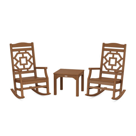 POLYWOOD Chinoiserie 3-Piece Rocking Chair Set in Teak