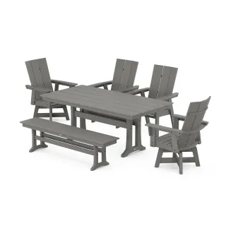 POLYWOOD Modern Curveback Adirondack Swivel Chair 6-Piece Farmhouse Dining Set With Trestle Legs and Bench