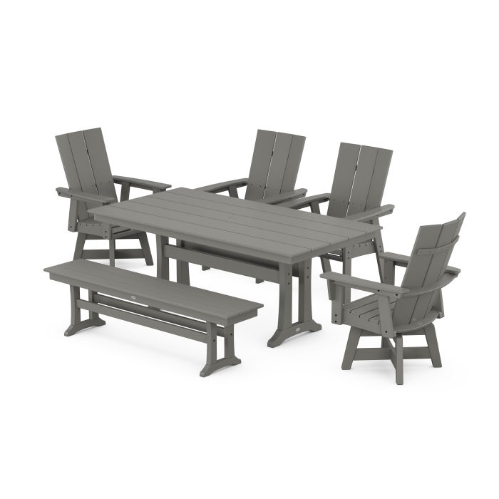 POLYWOOD Modern Curveback Adirondack Swivel Chair 6-Piece Farmhouse Dining Set With Trestle Legs and Bench