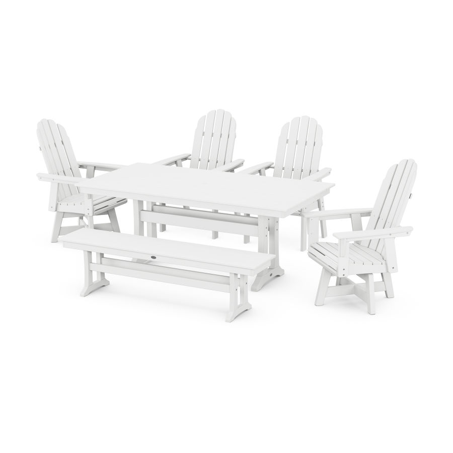 POLYWOOD Vineyard 6-Piece Farmhouse Trestle Swivel Dining Set with Bench in White
