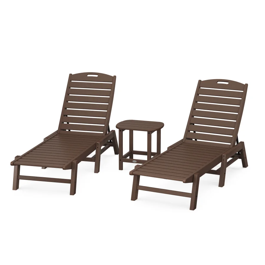 POLYWOOD Nautical 3-Piece Chaise Lounge Set with South Beach 18" Side Table in Mahogany