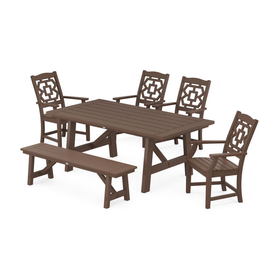 POLYWOOD Chinoiserie 6-Piece Rustic Farmhouse Dining Set with Bench in Mahogany