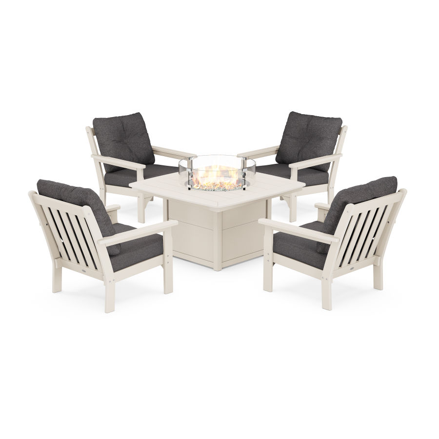 POLYWOOD Vineyard 5-Piece Conversation Set with Fire Pit Table in Sand / Antler Charcoal